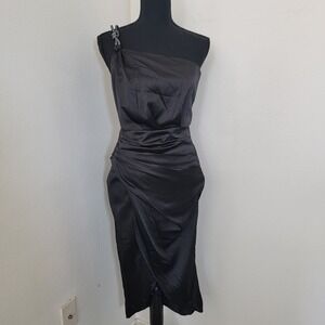 DO+BE Black Satin Asymmetrical One Shoulder Midi Small Party HOCO Dress NWT